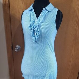 Lilly Pulitzer Blue Pima Cotton Sleeveless Ruffled Pinestriped Top